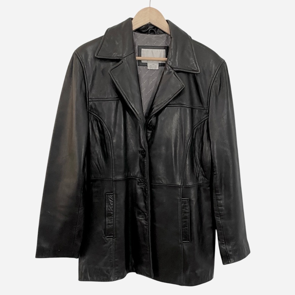 Vintage Black Leather Collared Button Blazer Jacket Winter 90s Y2K Chic Large